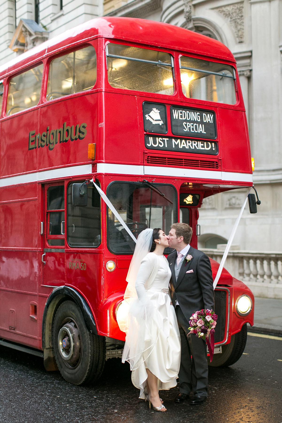 Jane wore a gown by Jesús Peiró for her chic and elegant winter wedding at the Corinthia Hotel in London. Photography by Anneli Marinovich.