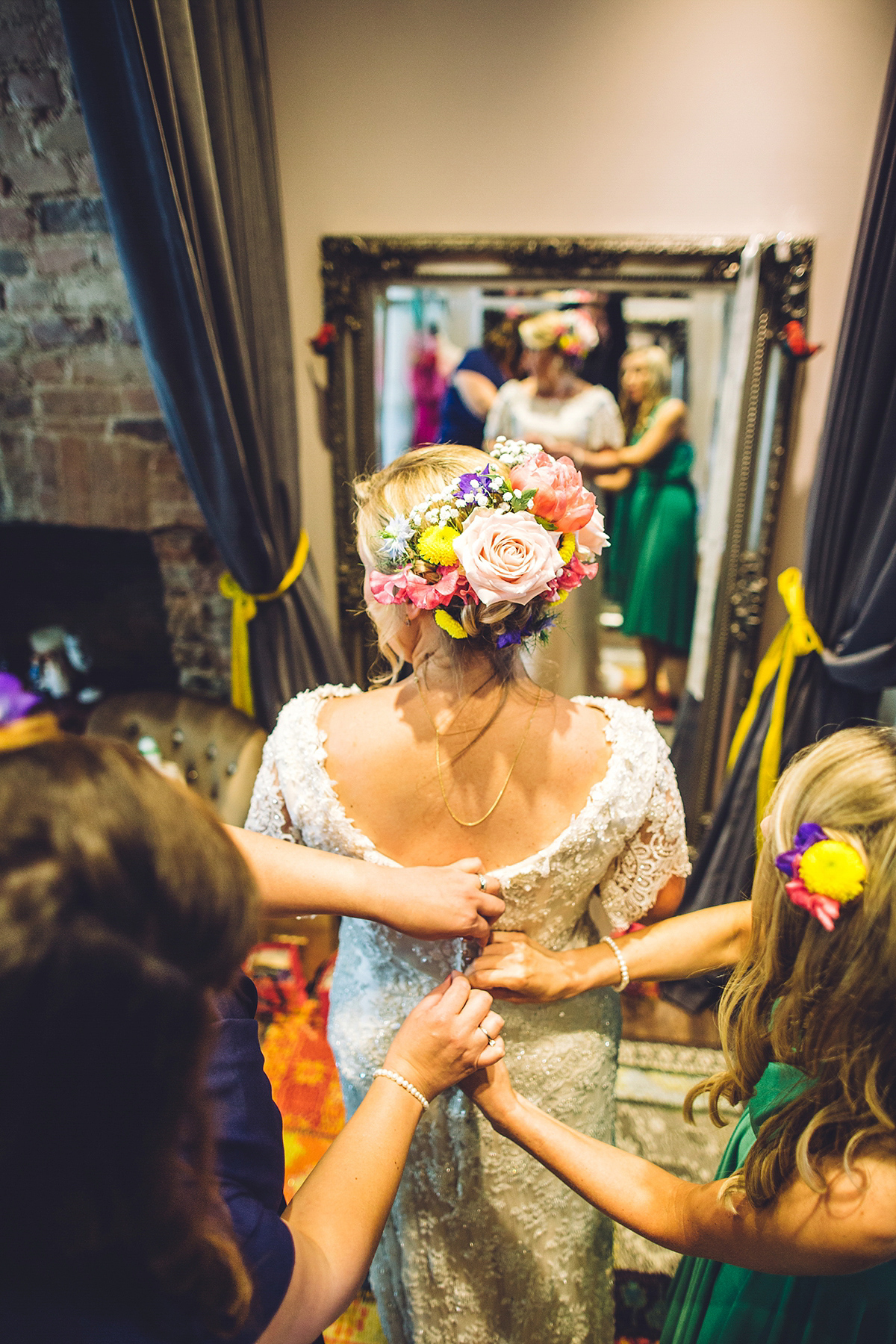 A bridal boutique owner's colourful, whimsical, bluebell filled woodland wedding. Photography by Olegs Samsonovs.