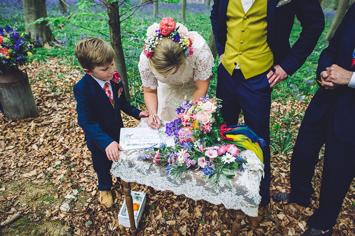 A bridal boutique owner's colourful, whimsical, bluebell filled woodland wedding. Photography by Olegs Samsonovs.