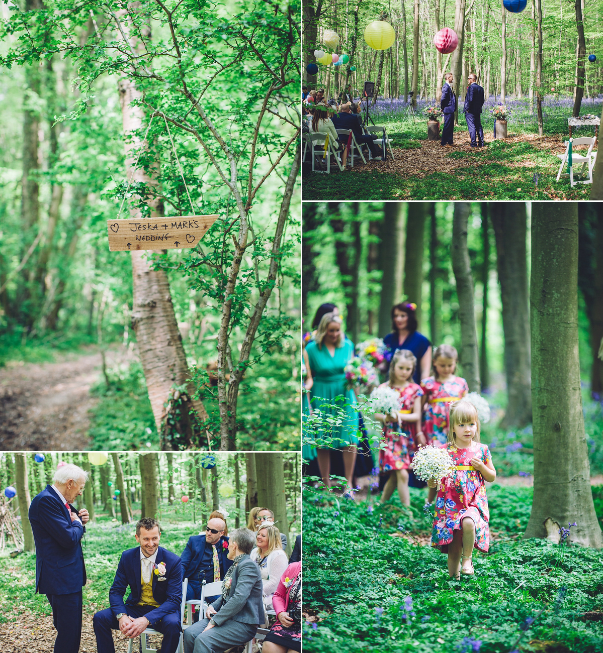 A bridal boutique owner's colourful, whimsical, bluebell filled woodland wedding. Photography by Olegs Samsonovs.