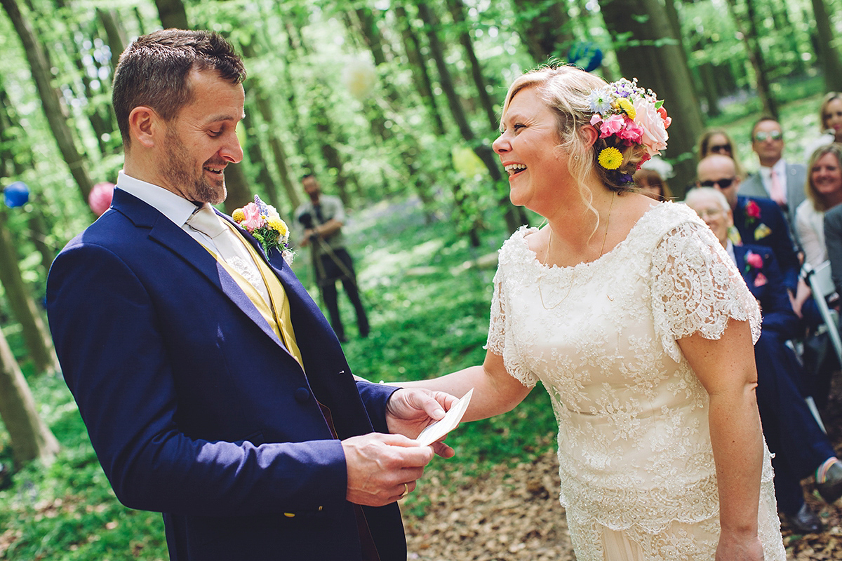 A bridal boutique owner's colourful, whimsical, bluebell filled woodland wedding. Photography by Olegs Samsonovs.