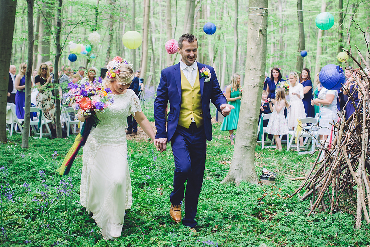 A bridal boutique owner's colourful, whimsical, bluebell filled woodland wedding. Photography by Olegs Samsonovs.