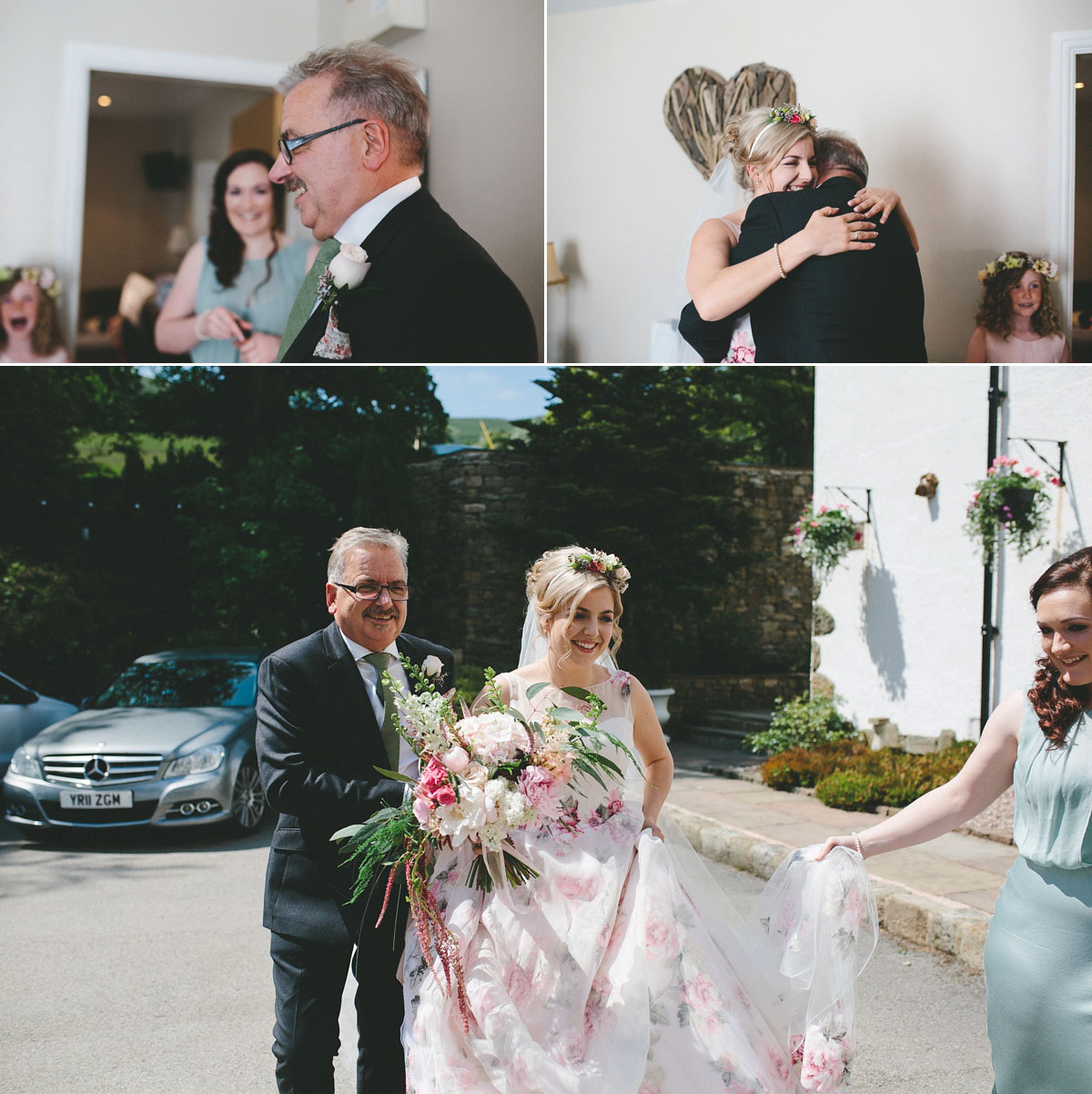 A floral wedding dress by Sassi Holford for a Summer wedding in the Peak District. Flowers by Campbell's Flowers, photography by Ellie Grace.