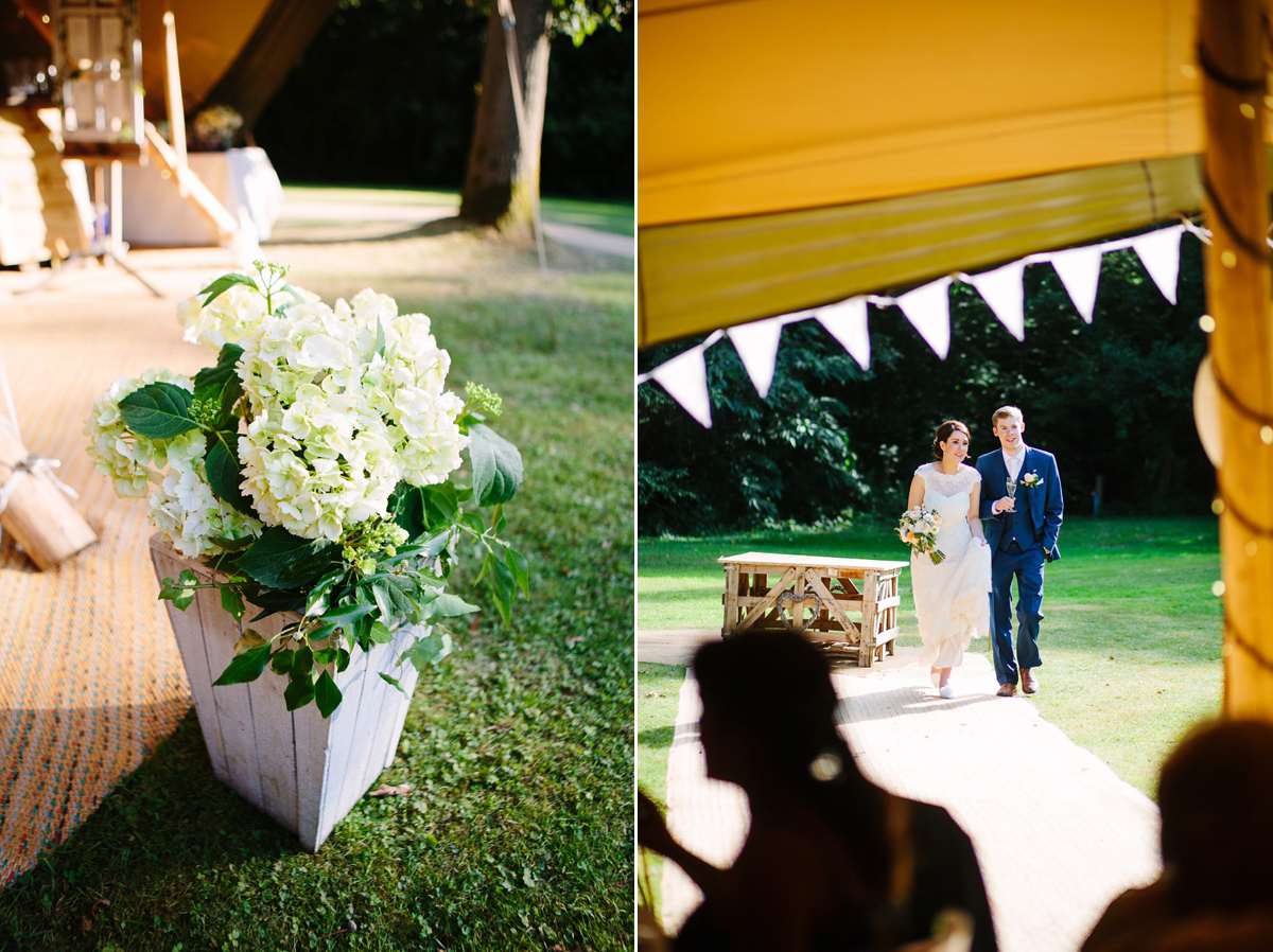 Hollie wore a Lusan Mandongus gown for her tipi wedding set in the Sussex countryside. Photography by Hayley Savage.