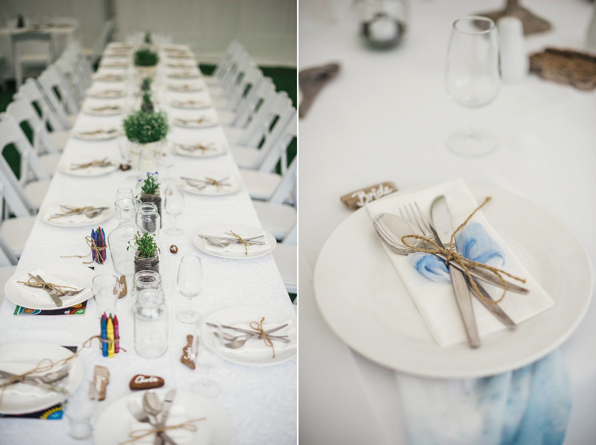 Suzy wore a stunning ombre/dip dye dress for her barefoot beach wedding in New Zealand. Photography by Meredith Lord.