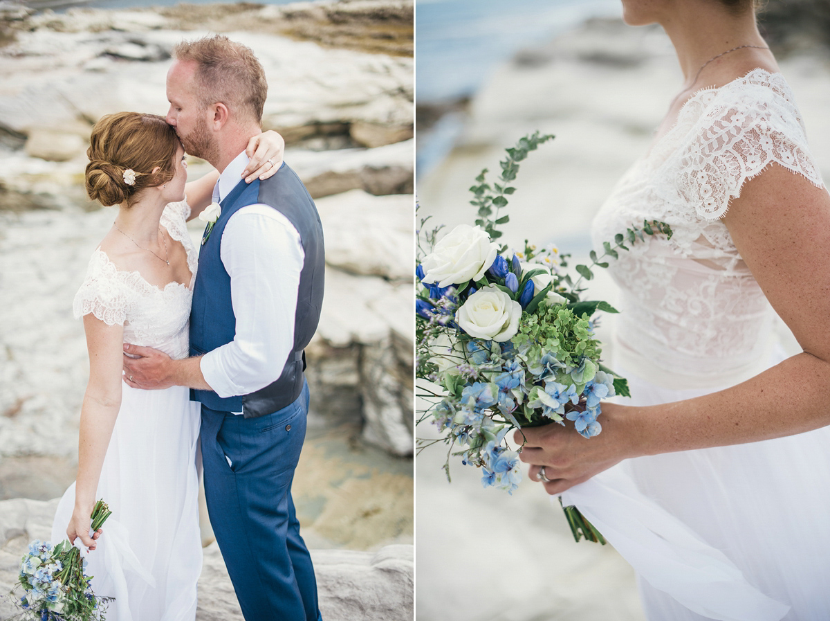 Suzy wore a stunning ombre/dip dye dress for her barefoot beach wedding in New Zealand. Photography by Meredith Lord.