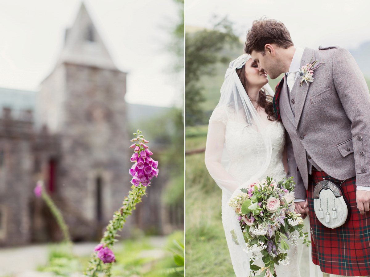 Kimberley wore 'Mystere' by Claire Pettibone for her ethereal and elegant Midsummer Nights Dream inspired wedding at Cottiers in Glasgow. Photography by Craig & Eva Sanders.