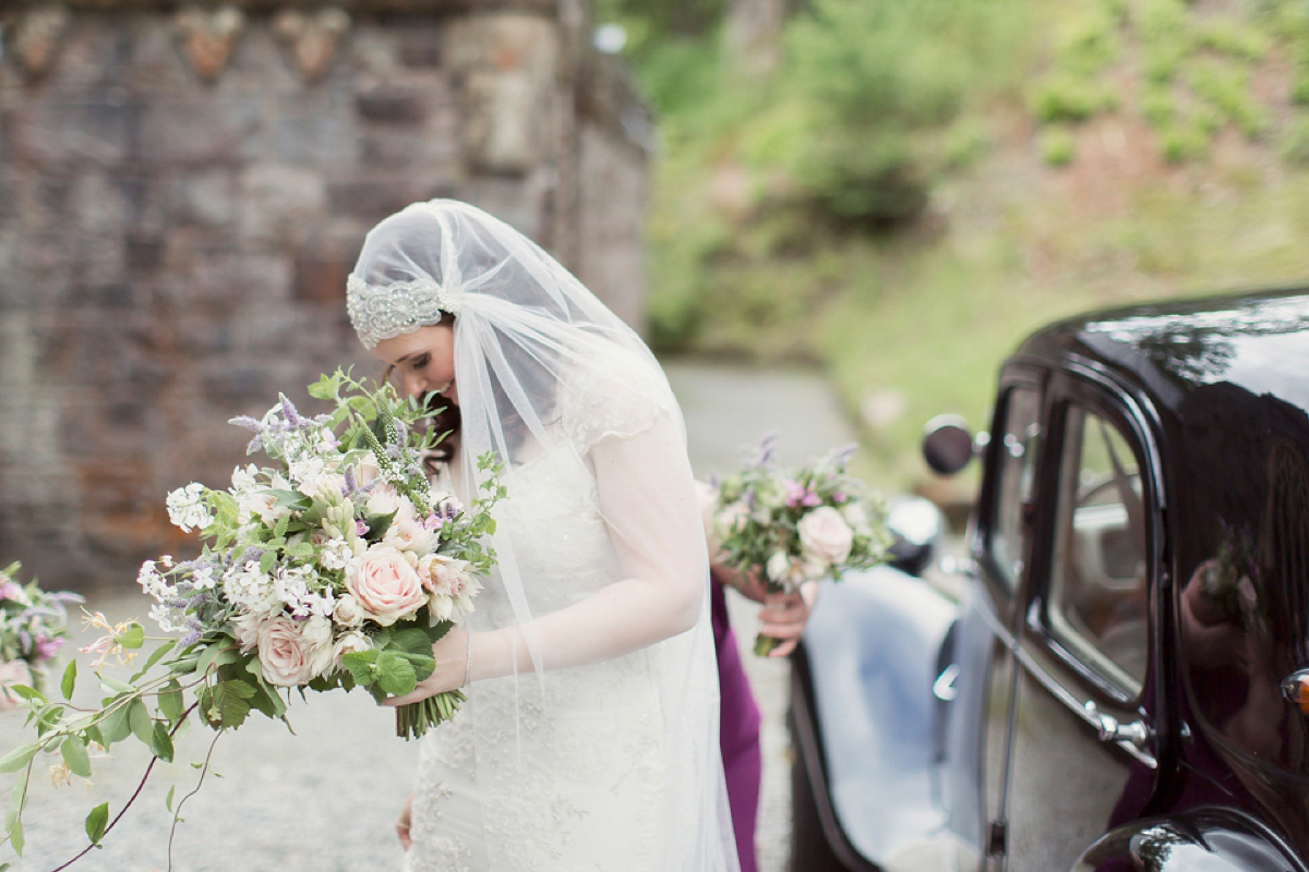 Kimberley wore 'Mystere' by Claire Pettibone for her ethereal and elegant Midsummer Nights Dream inspired wedding at Cottiers in Glasgow. Photography by Craig & Eva Sanders.