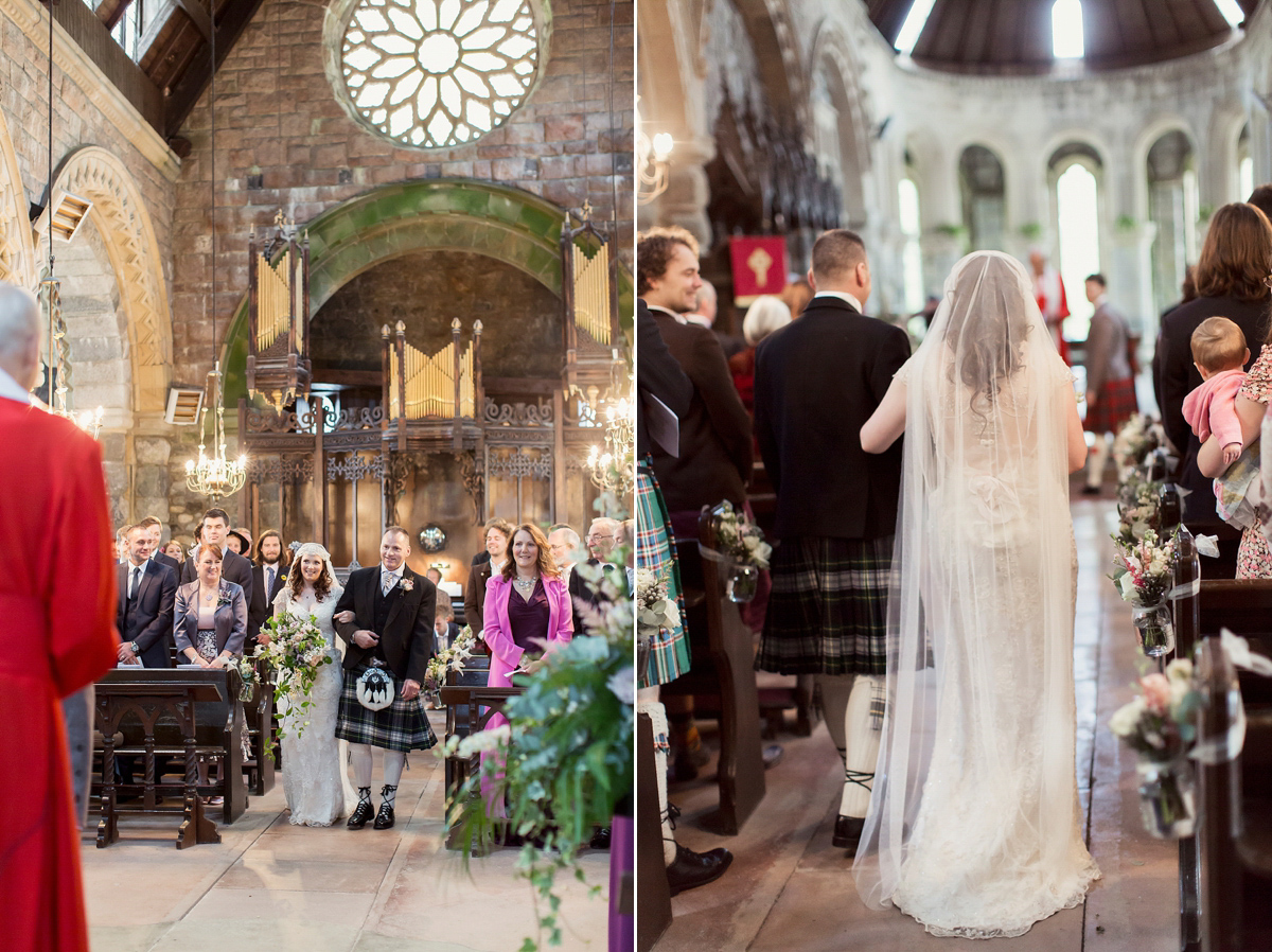 Kimberley wore 'Mystere' by Claire Pettibone for her ethereal and elegant Midsummer Nights Dream inspired wedding at Cottiers in Glasgow. Photography by Craig & Eva Sanders.