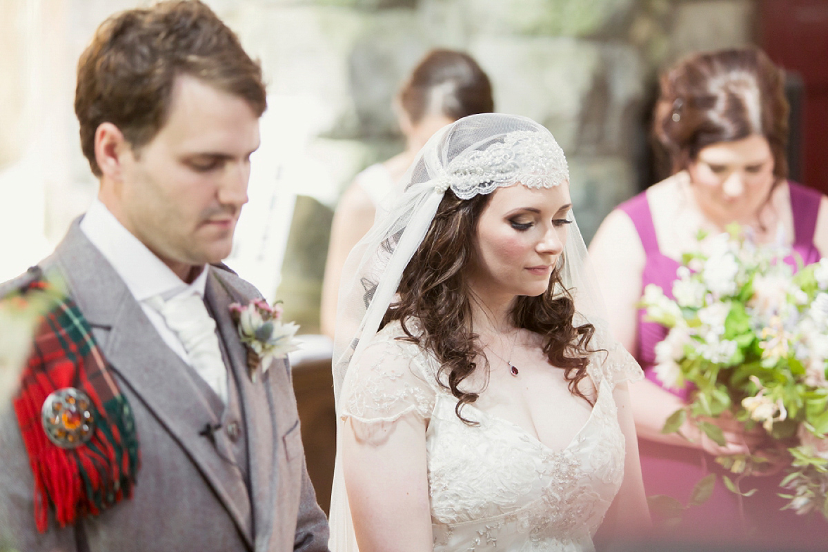 Kimberley wore 'Mystere' by Claire Pettibone for her ethereal and elegant Midsummer Nights Dream inspired wedding at Cottiers in Glasgow. Photography by Craig & Eva Sanders.