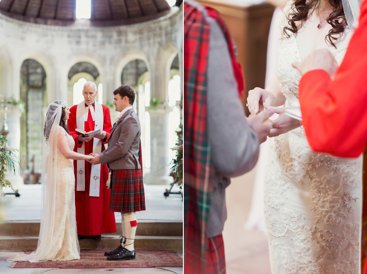 Kimberley wore 'Mystere' by Claire Pettibone for her ethereal and elegant Midsummer Nights Dream inspired wedding at Cottiers in Glasgow. Photography by Craig & Eva Sanders.