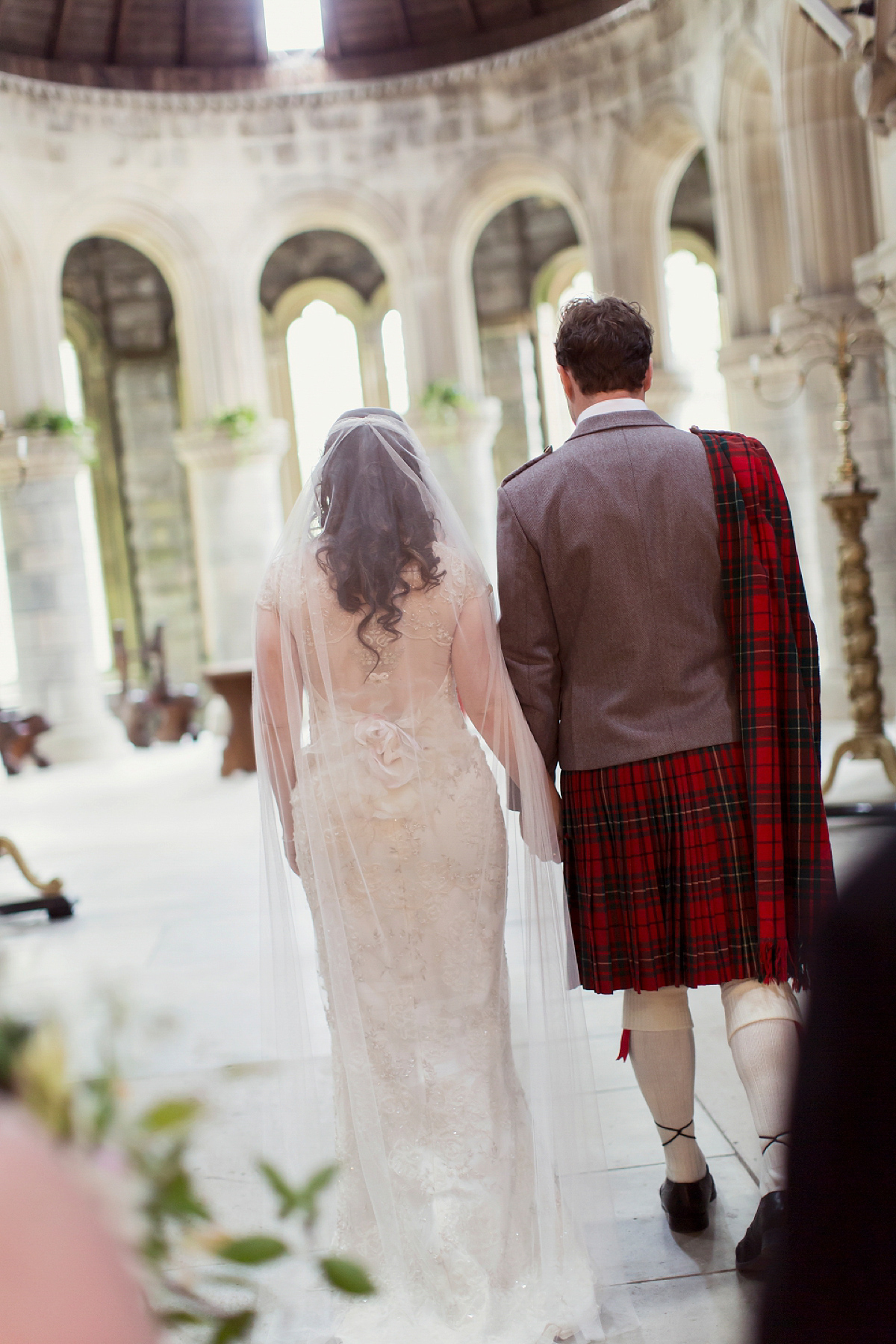 Kimberley wore 'Mystere' by Claire Pettibone for her ethereal and elegant Midsummer Nights Dream inspired wedding at Cottiers in Glasgow. Photography by Craig & Eva Sanders.