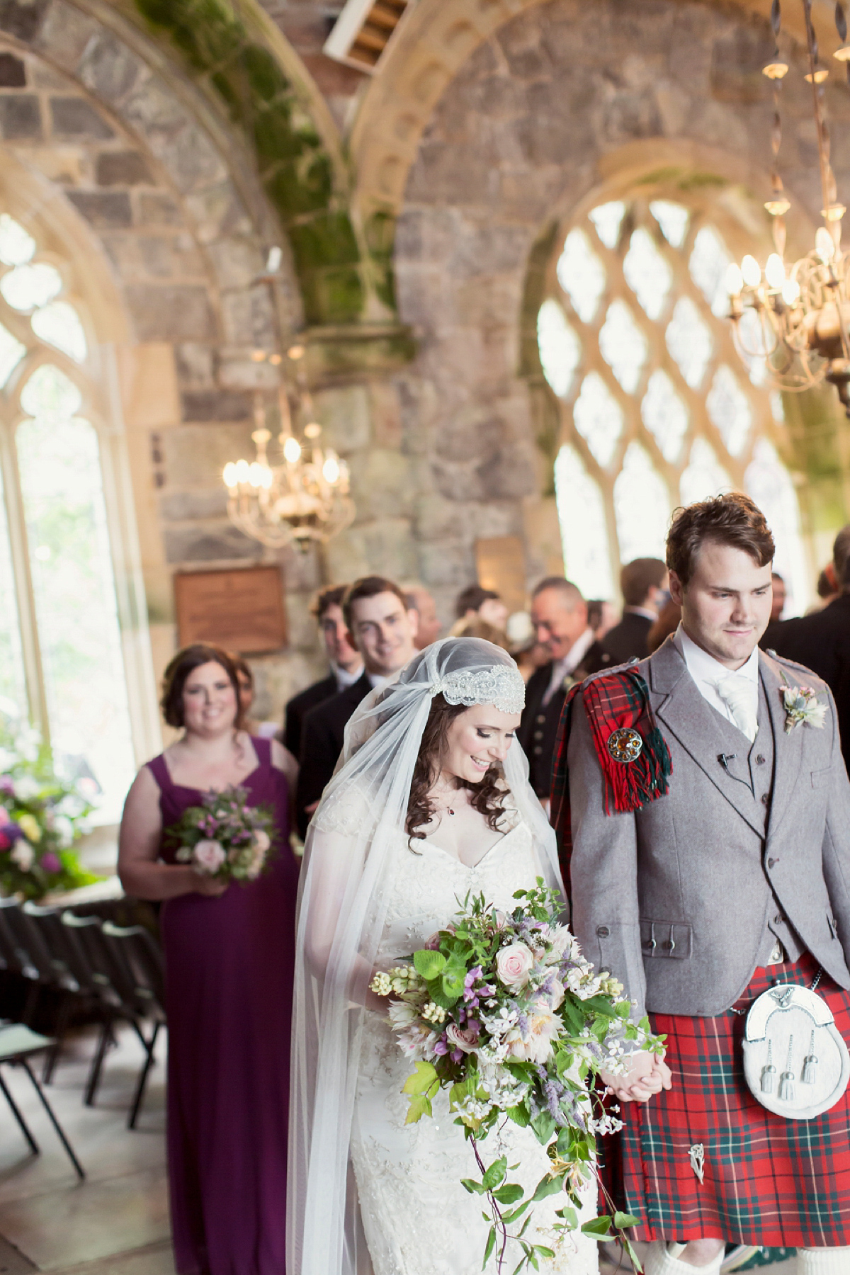 Kimberley wore 'Mystere' by Claire Pettibone for her ethereal and elegant Midsummer Nights Dream inspired wedding at Cottiers in Glasgow. Photography by Craig & Eva Sanders.