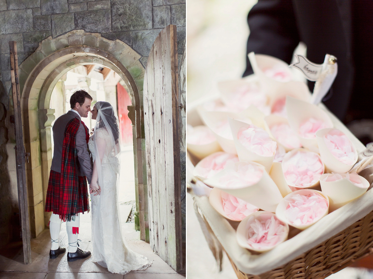 Kimberley wore 'Mystere' by Claire Pettibone for her ethereal and elegant Midsummer Nights Dream inspired wedding at Cottiers in Glasgow. Photography by Craig & Eva Sanders.