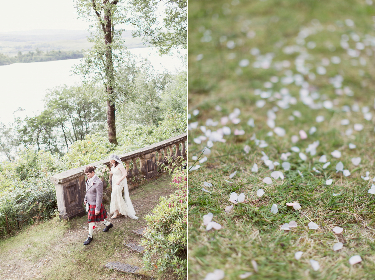 Kimberley wore 'Mystere' by Claire Pettibone for her ethereal and elegant Midsummer Nights Dream inspired wedding at Cottiers in Glasgow. Photography by Craig & Eva Sanders.