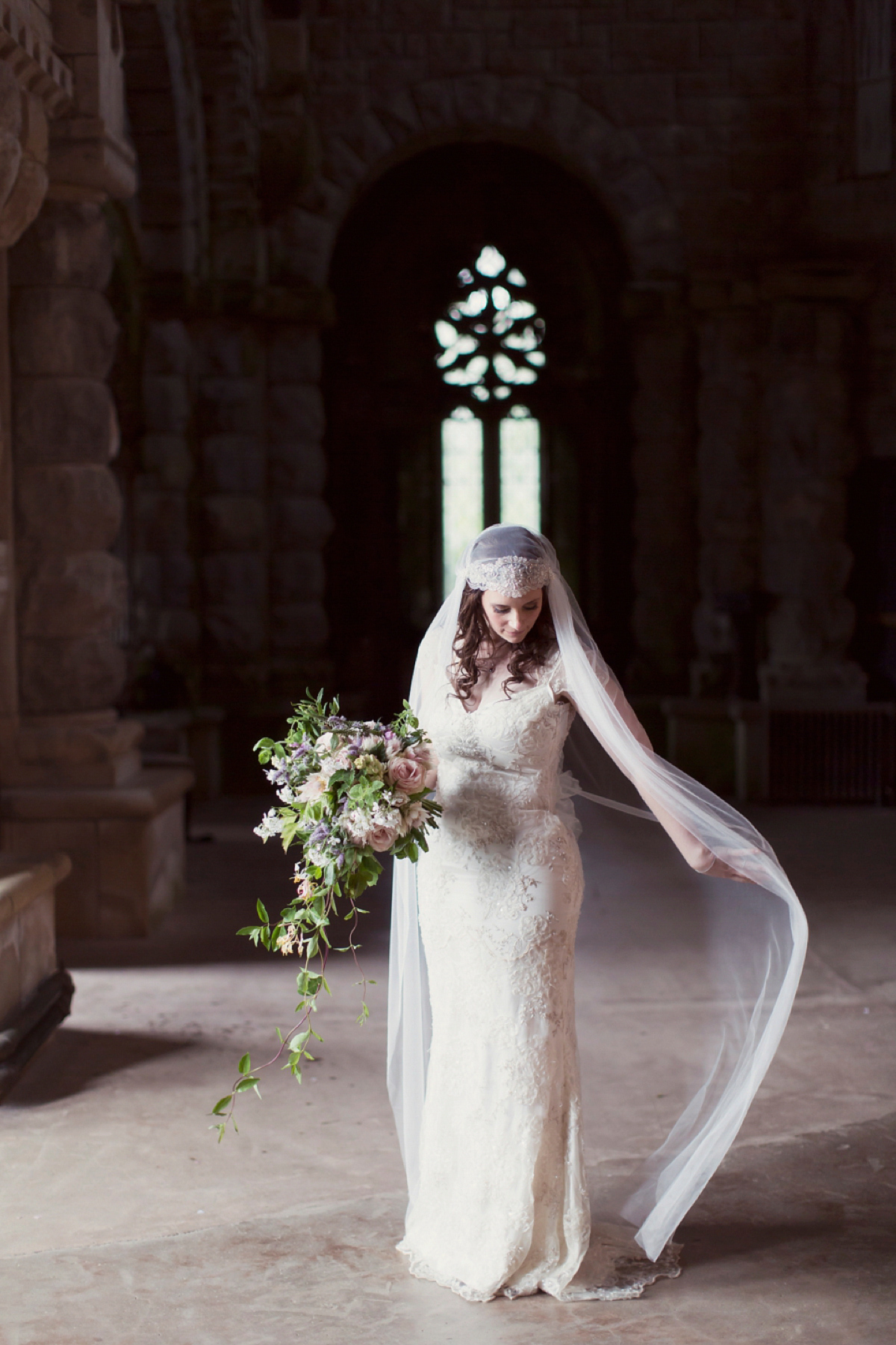 Kimberley wore 'Mystere' by Claire Pettibone for her ethereal and elegant Midsummer Nights Dream inspired wedding at Cottiers in Glasgow. Photography by Craig & Eva Sanders.