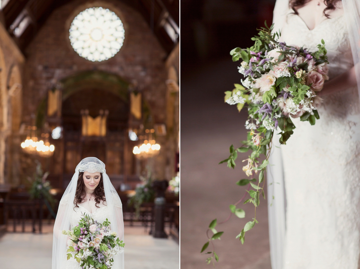 Kimberley wore 'Mystere' by Claire Pettibone for her ethereal and elegant Midsummer Nights Dream inspired wedding at Cottiers in Glasgow. Photography by Craig & Eva Sanders.