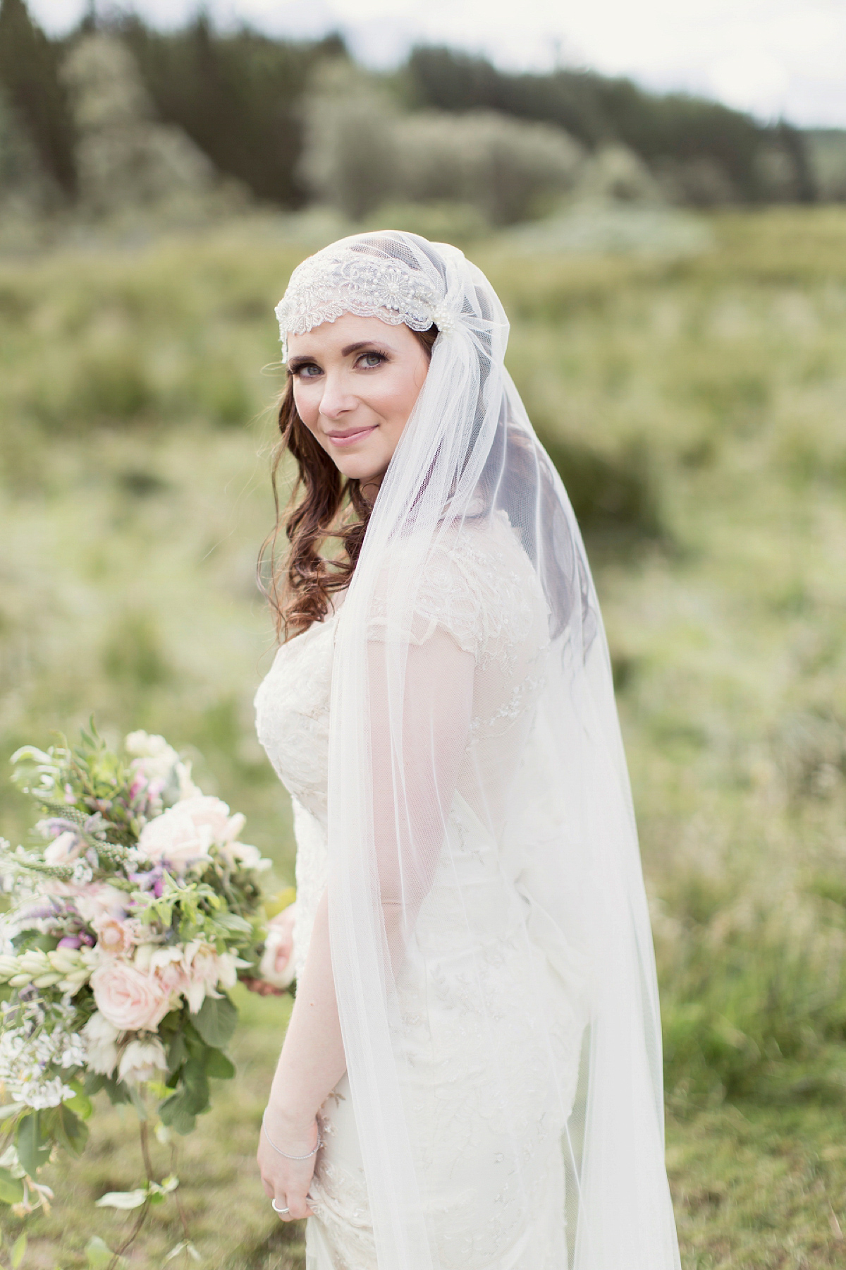 Kimberley wore 'Mystere' by Claire Pettibone for her ethereal and elegant Midsummer Nights Dream inspired wedding at Cottiers in Glasgow. Photography by Craig & Eva Sanders.