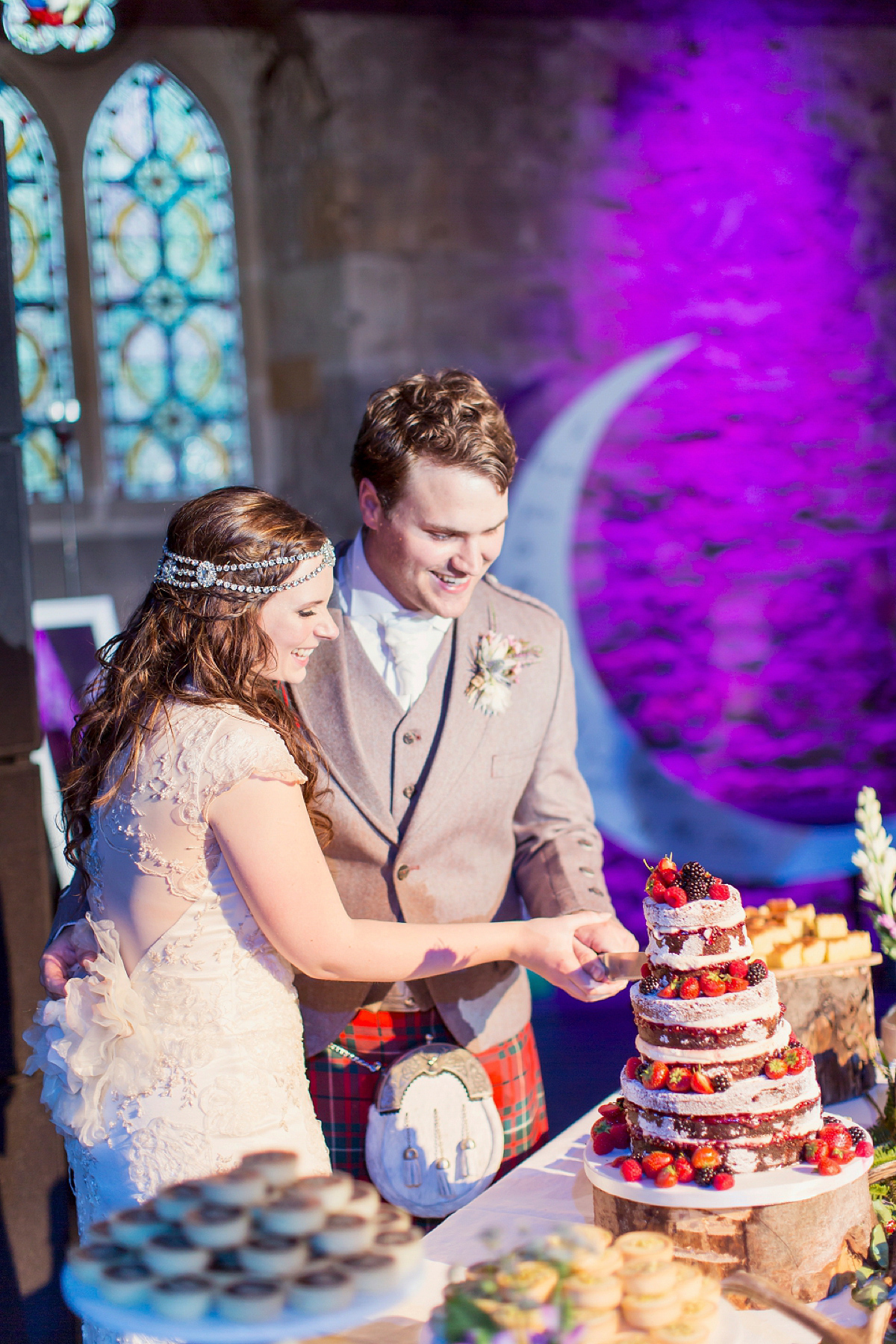 Kimberley wore 'Mystere' by Claire Pettibone for her ethereal and elegant Midsummer Nights Dream inspired wedding at Cottiers in Glasgow. Photography by Craig & Eva Sanders.