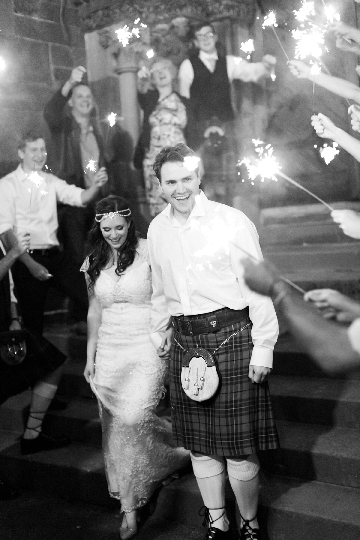 Kimberley wore 'Mystere' by Claire Pettibone for her ethereal and elegant Midsummer Nights Dream inspired wedding at Cottiers in Glasgow. Photography by Craig & Eva Sanders.