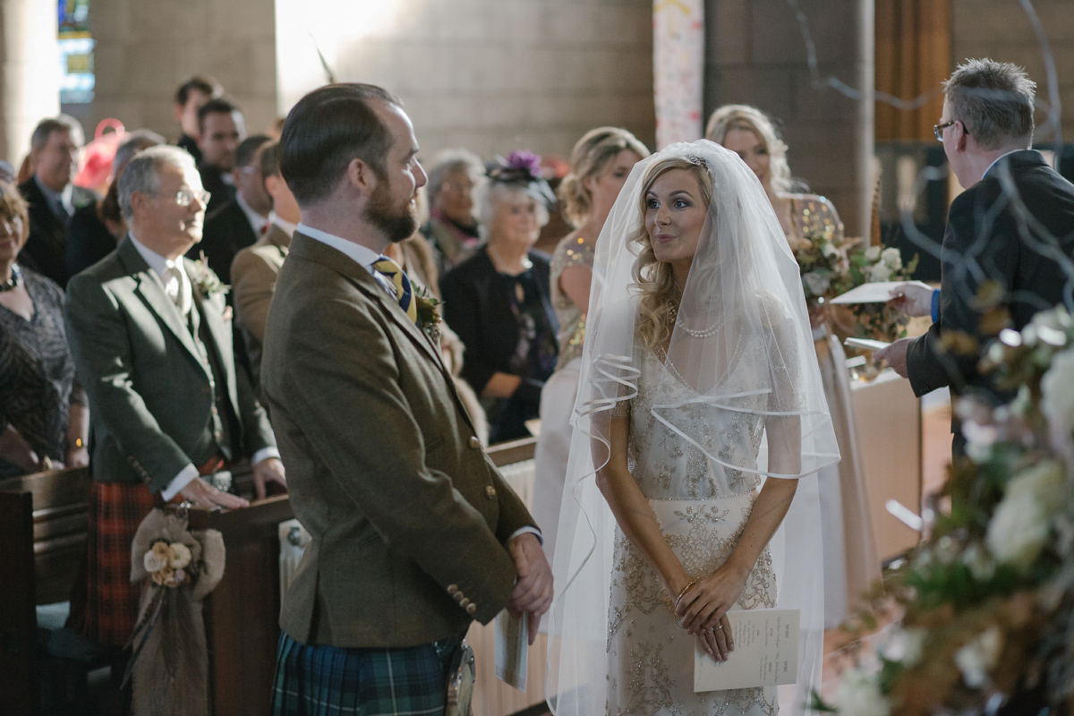 Julia wore the Leila gown by Jenny Packham for her rustic, Autumn wedding at The Byre at Inchyra. Photography by Jen Owens.