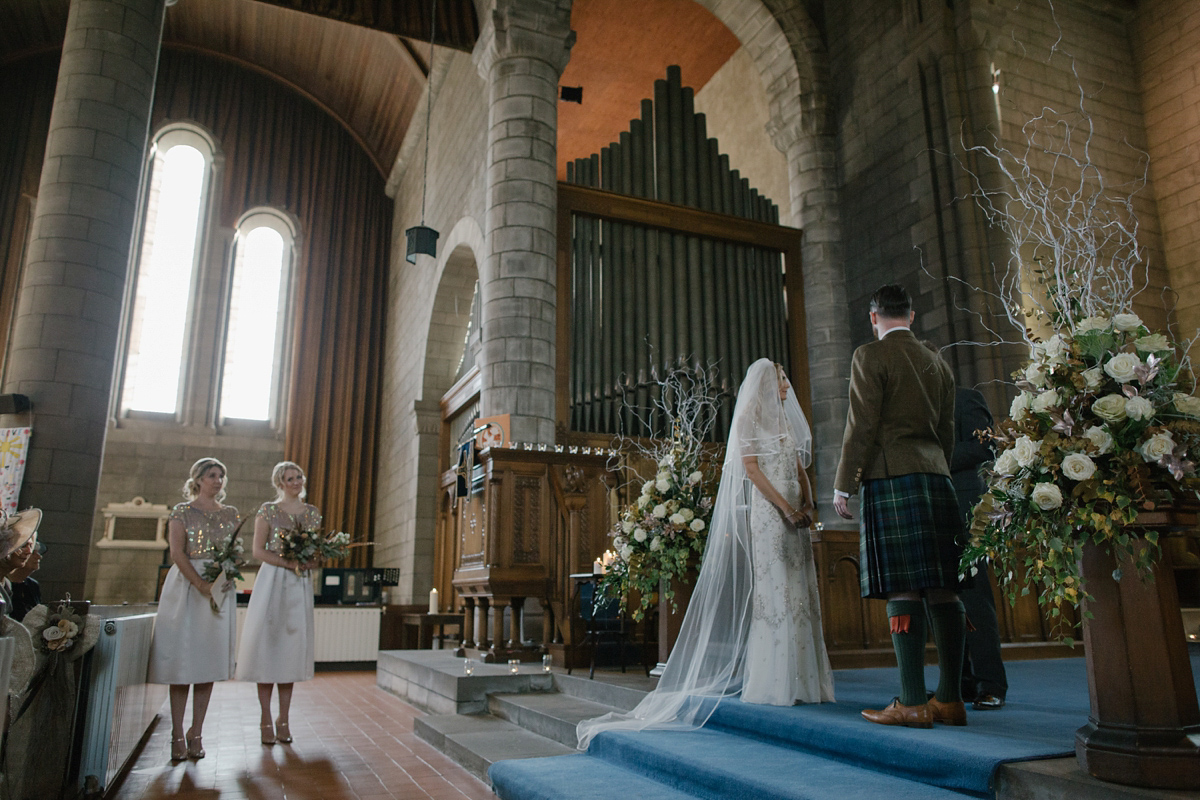 Julia wore the Leila gown by Jenny Packham for her rustic, Autumn wedding at The Byre at Inchyra. Photography by Jen Owens.