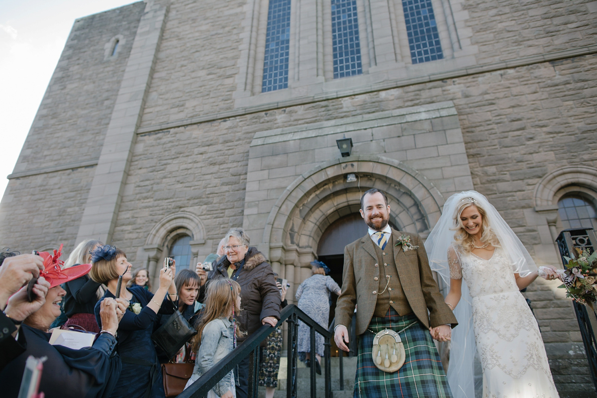 Julia wore the Leila gown by Jenny Packham for her rustic, Autumn wedding at The Byre at Inchyra. Photography by Jen Owens.