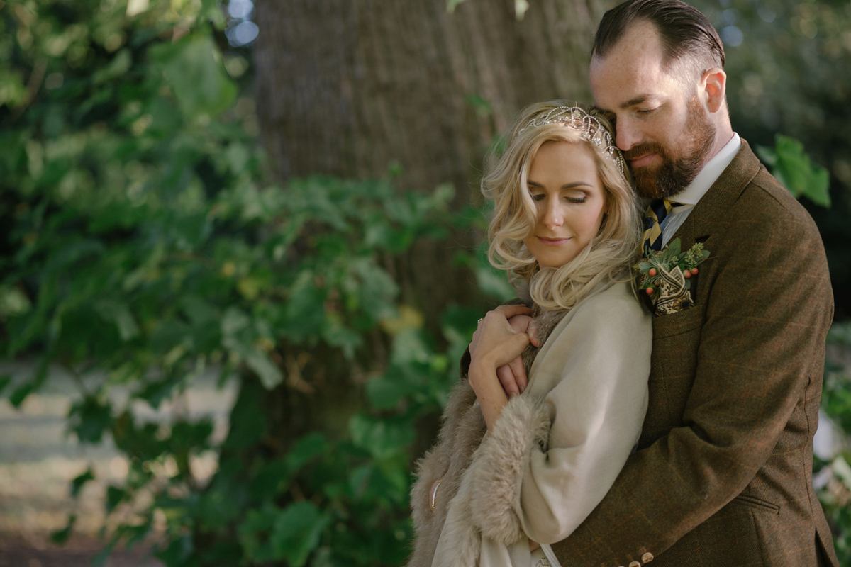 Julia wore the Leila gown by Jenny Packham for her rustic, Autumn wedding at The Byre at Inchyra. Photography by Jen Owens.