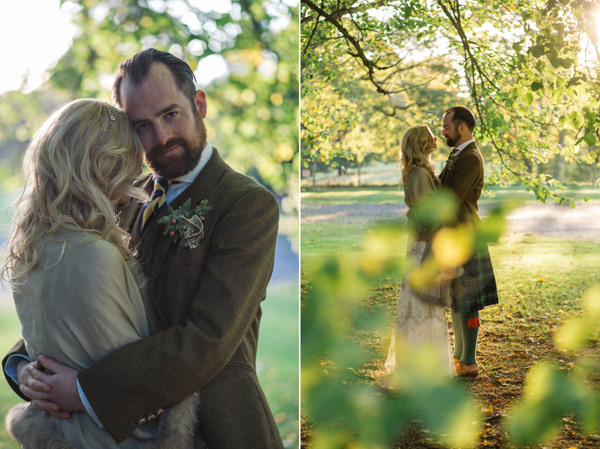 Julia wore the Leila gown by Jenny Packham for her rustic, Autumn wedding at The Byre at Inchyra. Photography by Jen Owens.