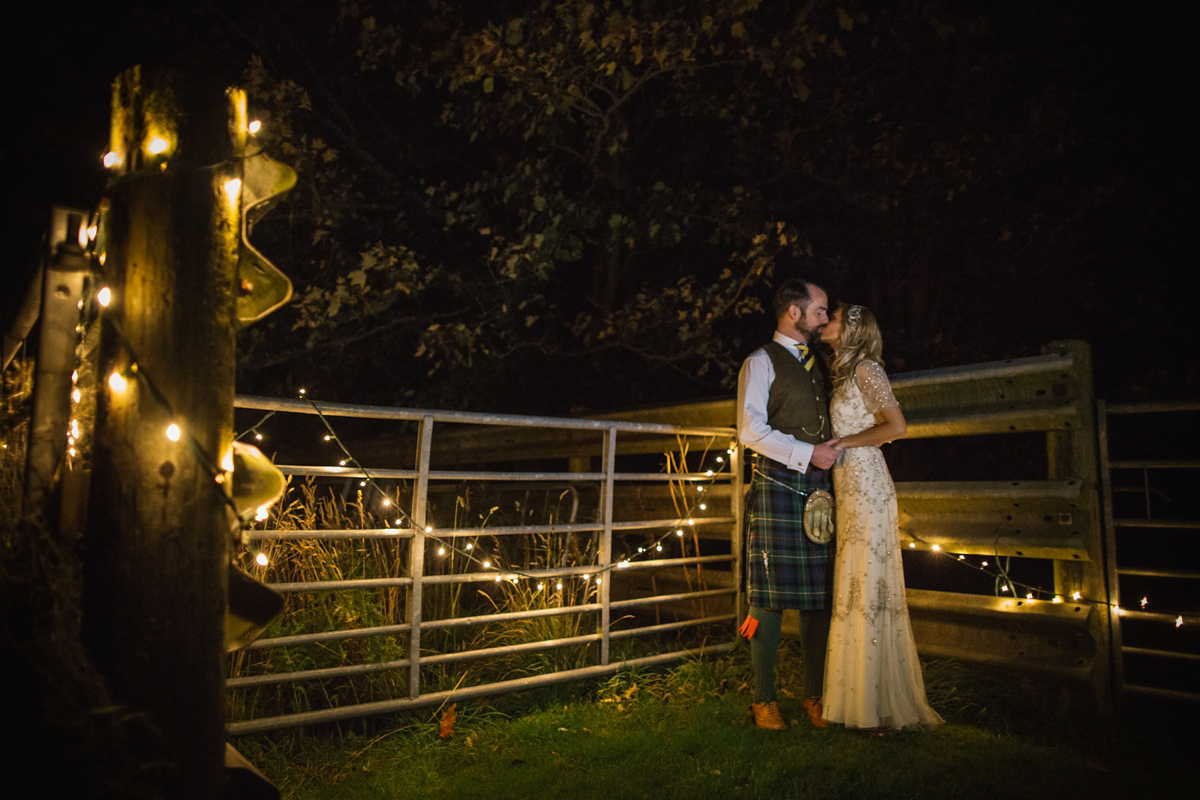 Julia wore the Leila gown by Jenny Packham for her rustic, Autumn wedding at The Byre at Inchyra. Photography by Jen Owens.