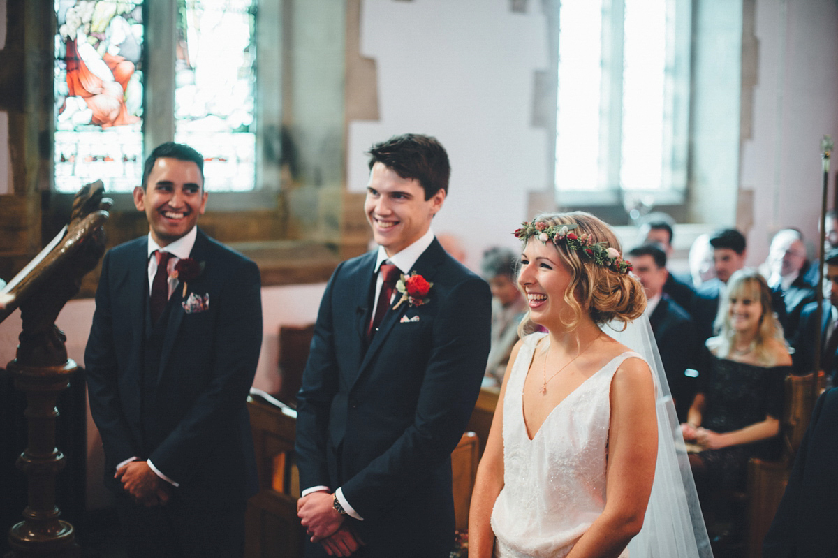 Lucy wore a 1920s inspired drop waist gown by Charlie Brear for her magical Autumn Papakata tipi wedding at Middlesmoor in Yorkshire. Silversixpence Films + Flawless Photography.