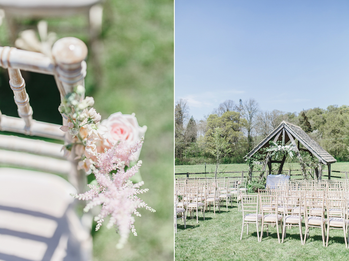 Stephanie wore a backless lace dress for her outdoor Spring wedding held at Hyde House country house hotel. Images by White Stag Photography.