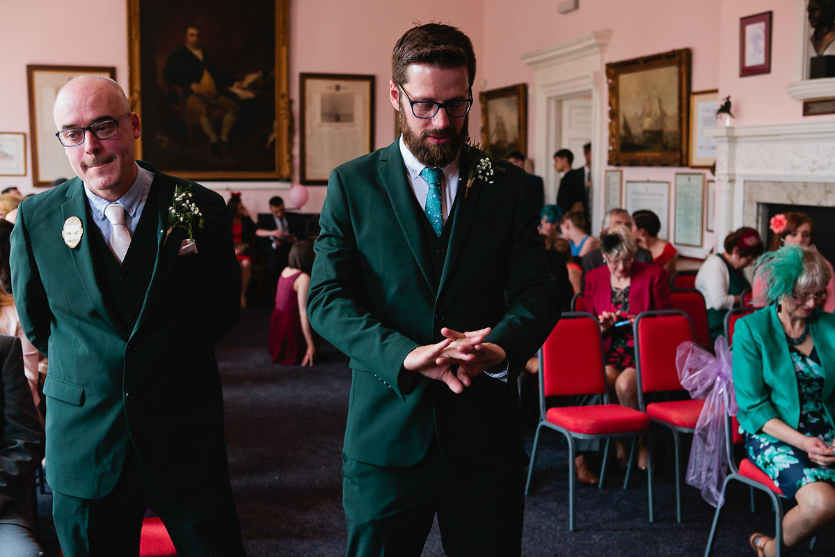 Sophie wore a Ghost dress for her elegant Spring wedding. Her bridesmaids wore mint green. Photography by Matilda Delves.