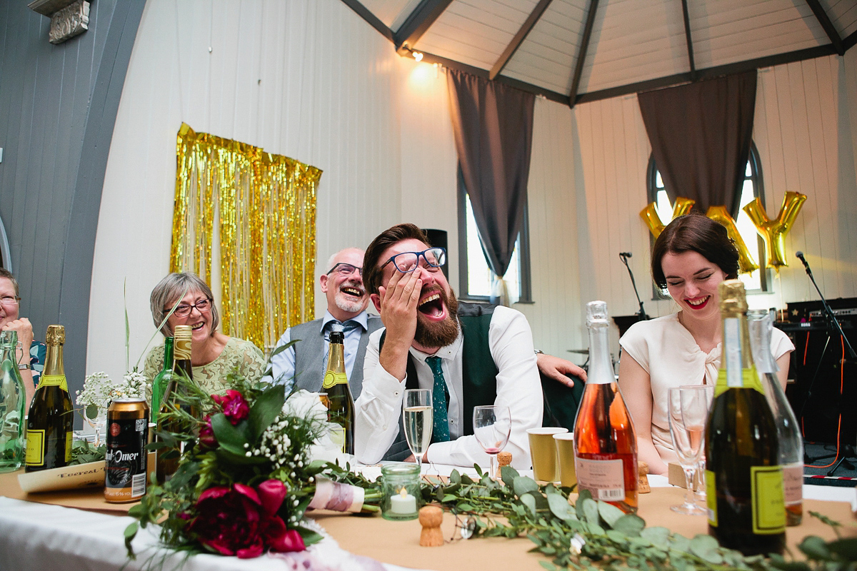 Sophie wore a Ghost dress for her elegant Spring wedding. Her bridesmaids wore mint green. Photography by Matilda Delves.