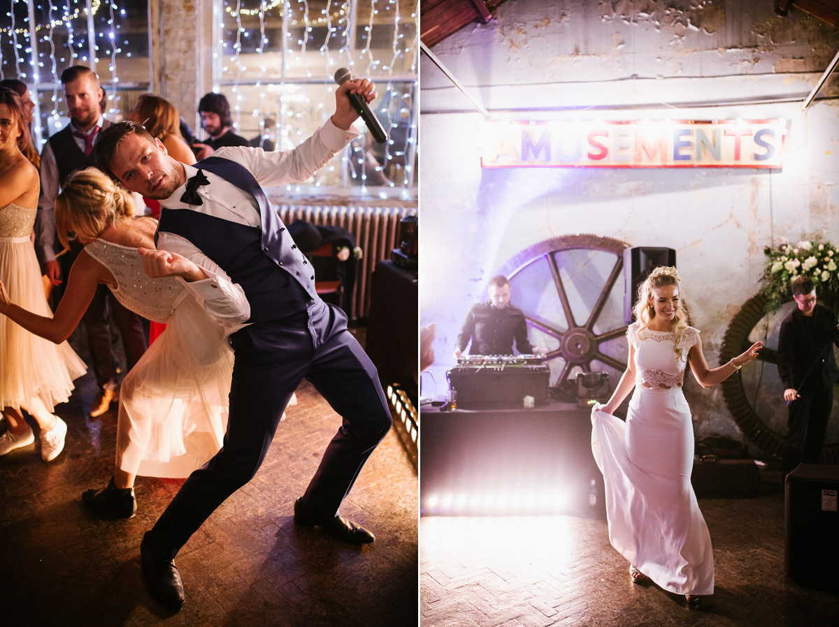 Emma wore Rime Aradaky separates and a polka dot veil by Luna Bea, for her fun, relaxed and cool East London wedding at MC Motors in Dalston. Photography by Emma & Pete.