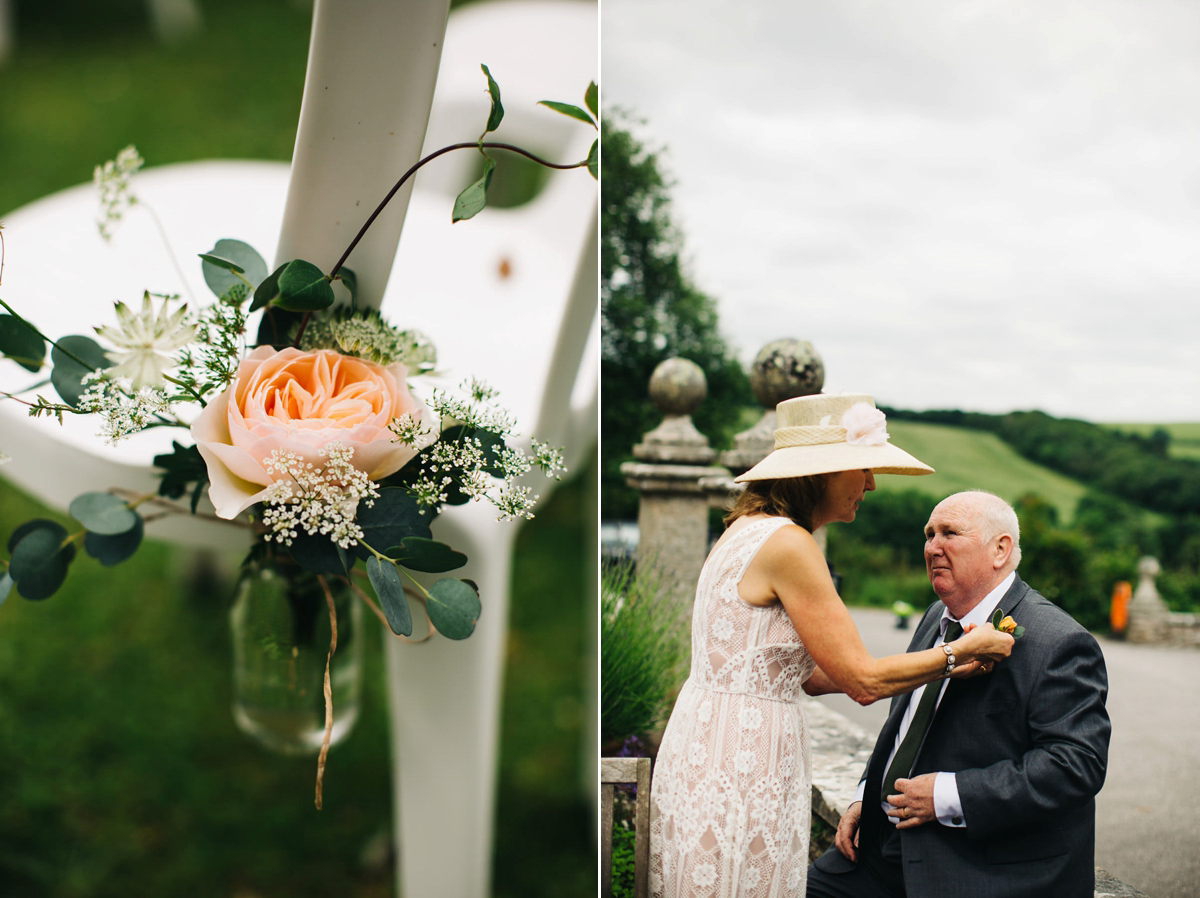 Boho bride Alice wore a pale green lace wedding dress and floral crown for her wild woodland inspired, free spirited South Devon wedding at Langdon Court. Photography by Richard Skins.