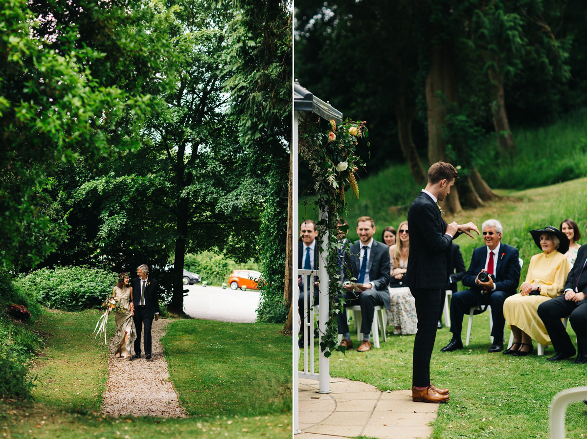 Boho bride Alice wore a pale green lace wedding dress and floral crown for her wild woodland inspired, free spirited South Devon wedding at Langdon Court. Photography by Richard Skins.