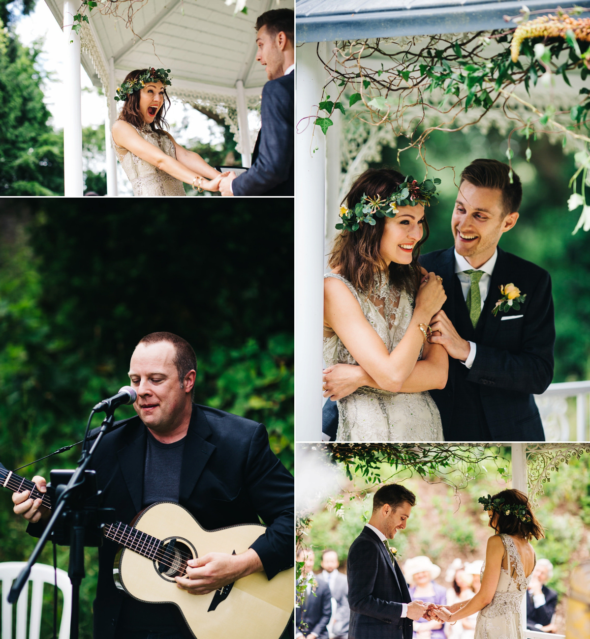 Boho bride Alice wore a pale green lace wedding dress and floral crown for her wild woodland inspired, free spirited South Devon wedding at Langdon Court. Photography by Richard Skins.