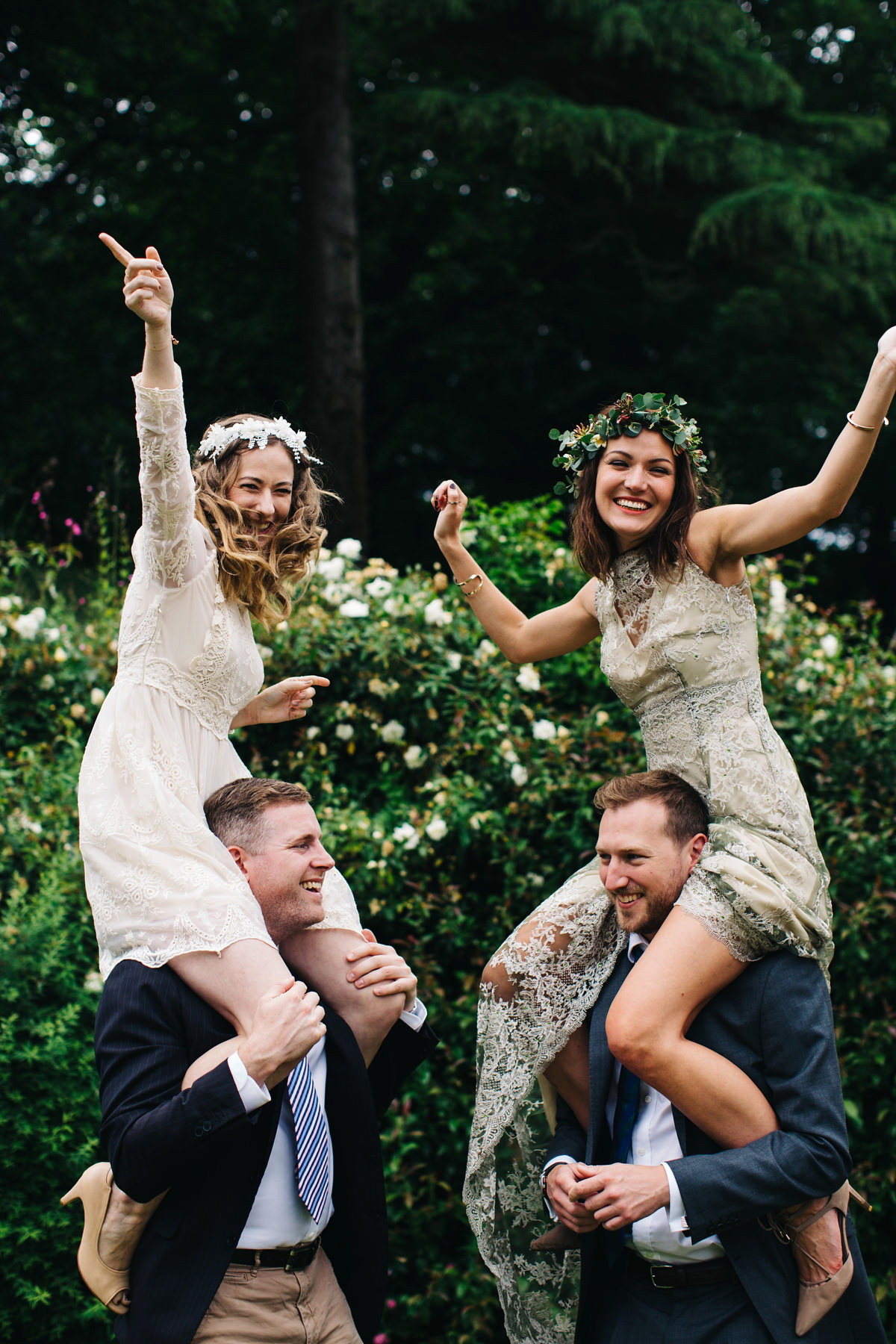 Boho bride Alice wore a pale green lace wedding dress and floral crown for her wild woodland inspired, free spirited South Devon wedding at Langdon Court. Photography by Richard Skins.