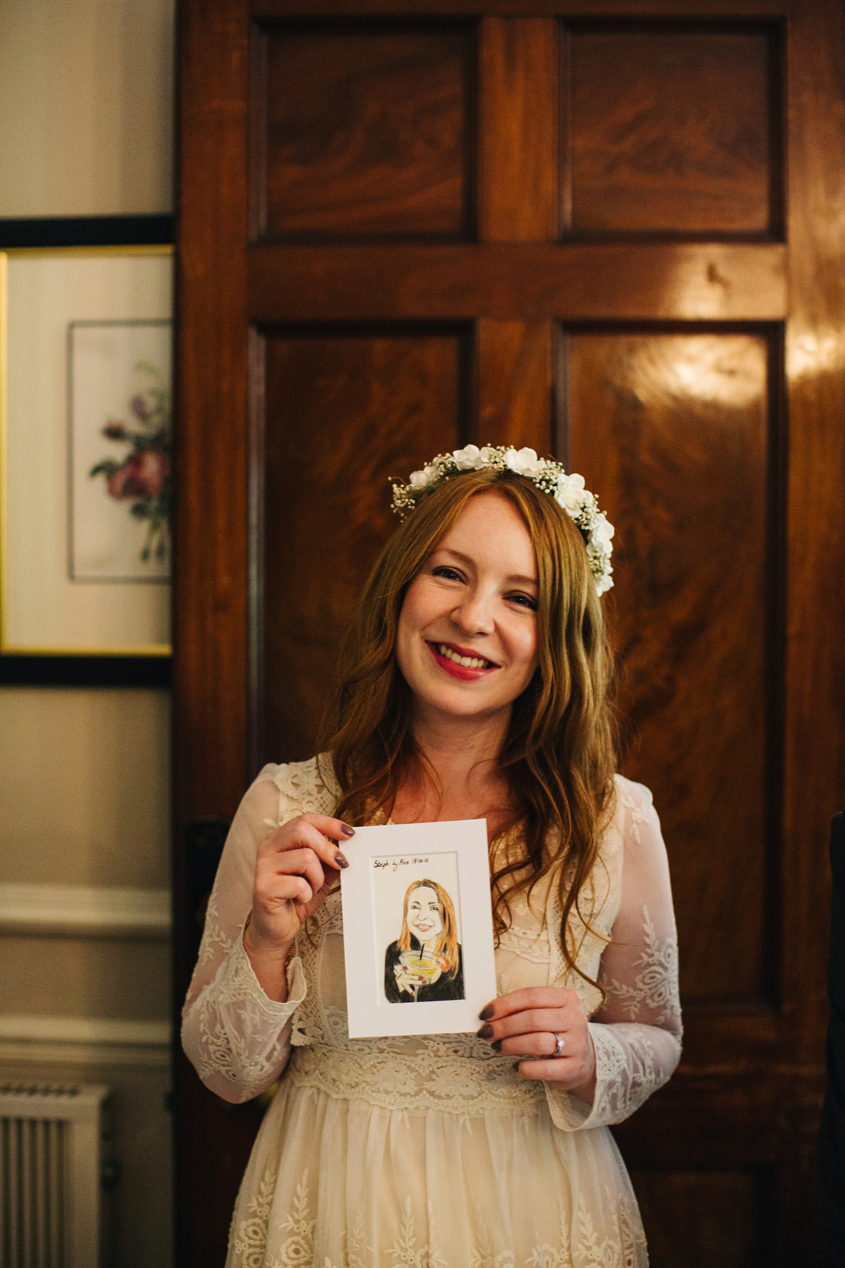 Boho bride Alice wore a pale green lace wedding dress and floral crown for her wild woodland inspired, free spirited South Devon wedding at Langdon Court. Photography by Richard Skins.