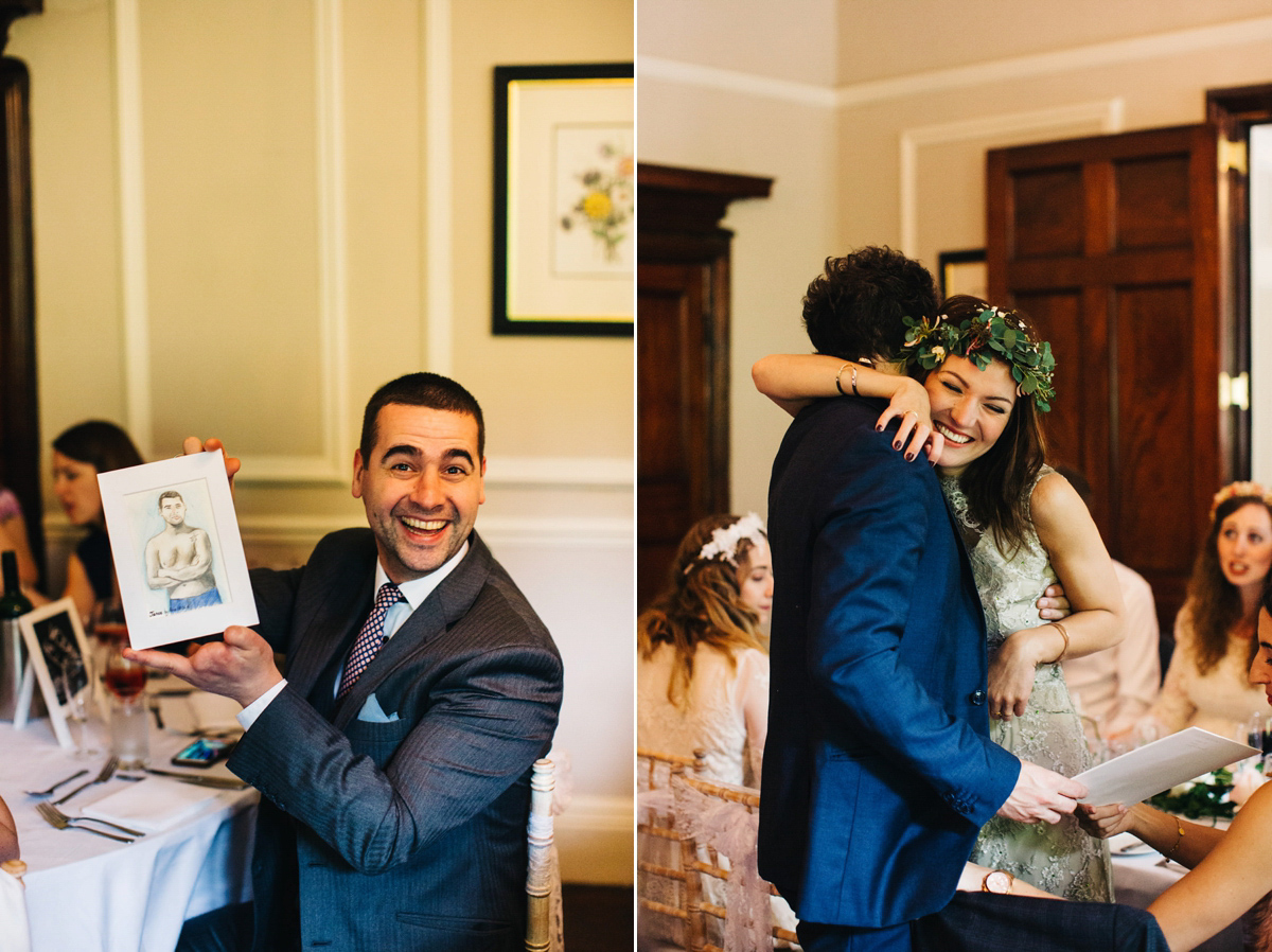 Boho bride Alice wore a pale green lace wedding dress and floral crown for her wild woodland inspired, free spirited South Devon wedding at Langdon Court. Photography by Richard Skins.