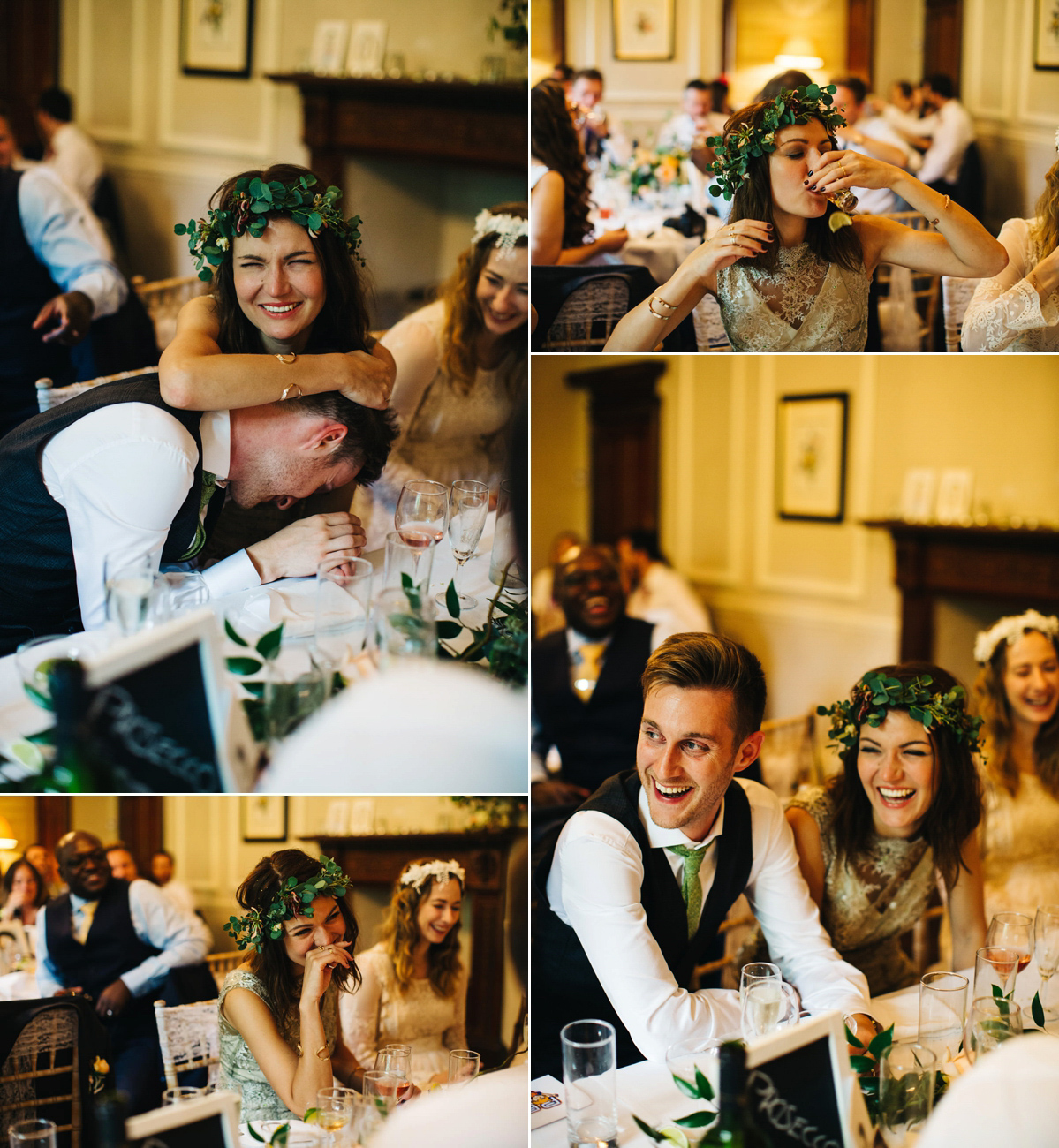 Boho bride Alice wore a pale green lace wedding dress and floral crown for her wild woodland inspired, free spirited South Devon wedding at Langdon Court. Photography by Richard Skins.