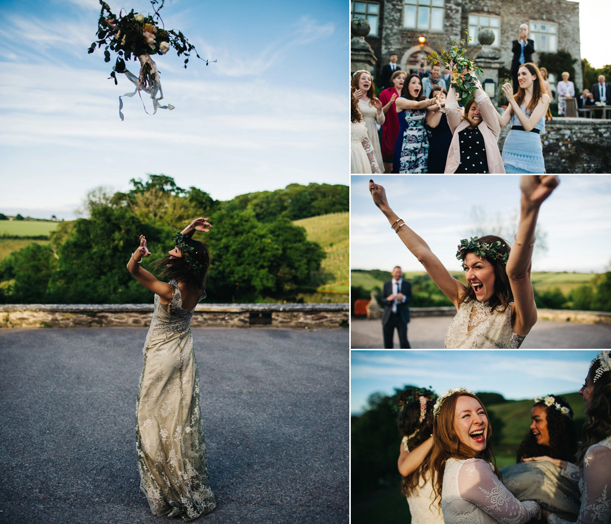 Boho bride Alice wore a pale green lace wedding dress and floral crown for her wild woodland inspired, free spirited South Devon wedding at Langdon Court. Photography by Richard Skins.