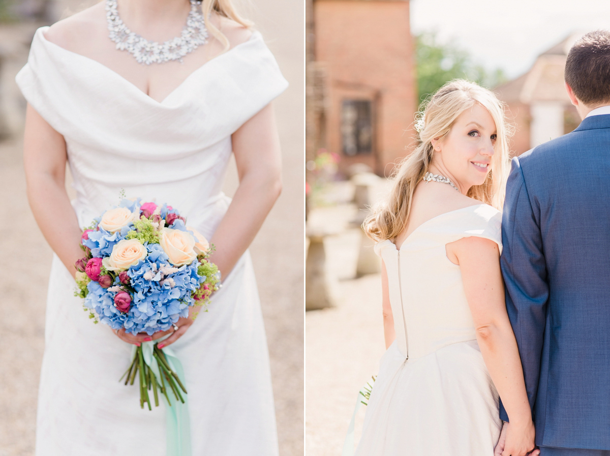 Liz wore a Vivienne Westwood dress for her hot air balloon and travel inspired wedding ('Around the World in 80 Days', Phileas Fogg style). A Lillibrooke Hall summer barn wedding, photographed by Faye Cornhill.