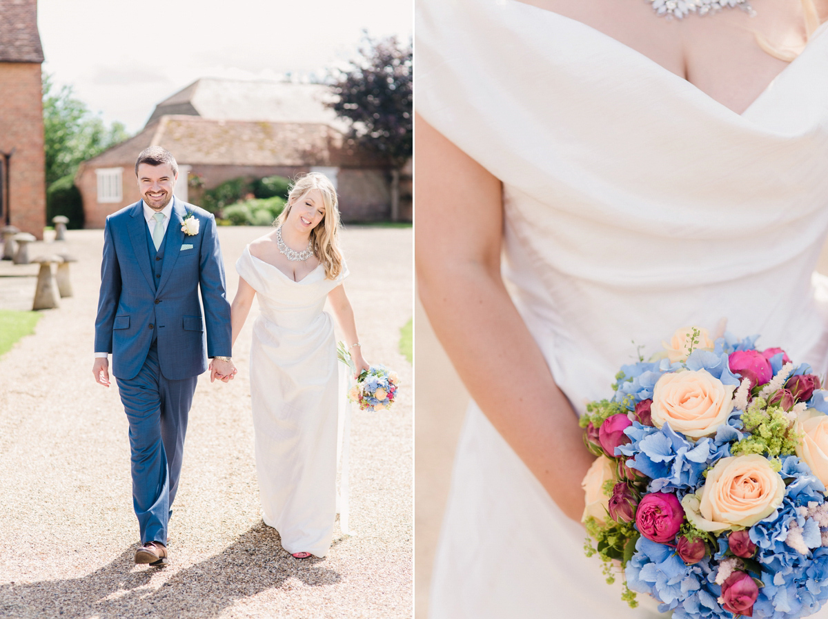 Liz wore a Vivienne Westwood dress for her hot air balloon and travel inspired wedding ('Around the World in 80 Days', Phileas Fogg style). A Lillibrooke Hall summer barn wedding, photographed by Faye Cornhill.