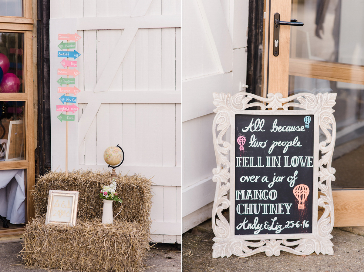 Liz wore a Vivienne Westwood dress for her hot air balloon and travel inspired wedding ('Around the World in 80 Days', Phileas Fogg style). A Lillibrooke Hall summer barn wedding, photographed by Faye Cornhill.