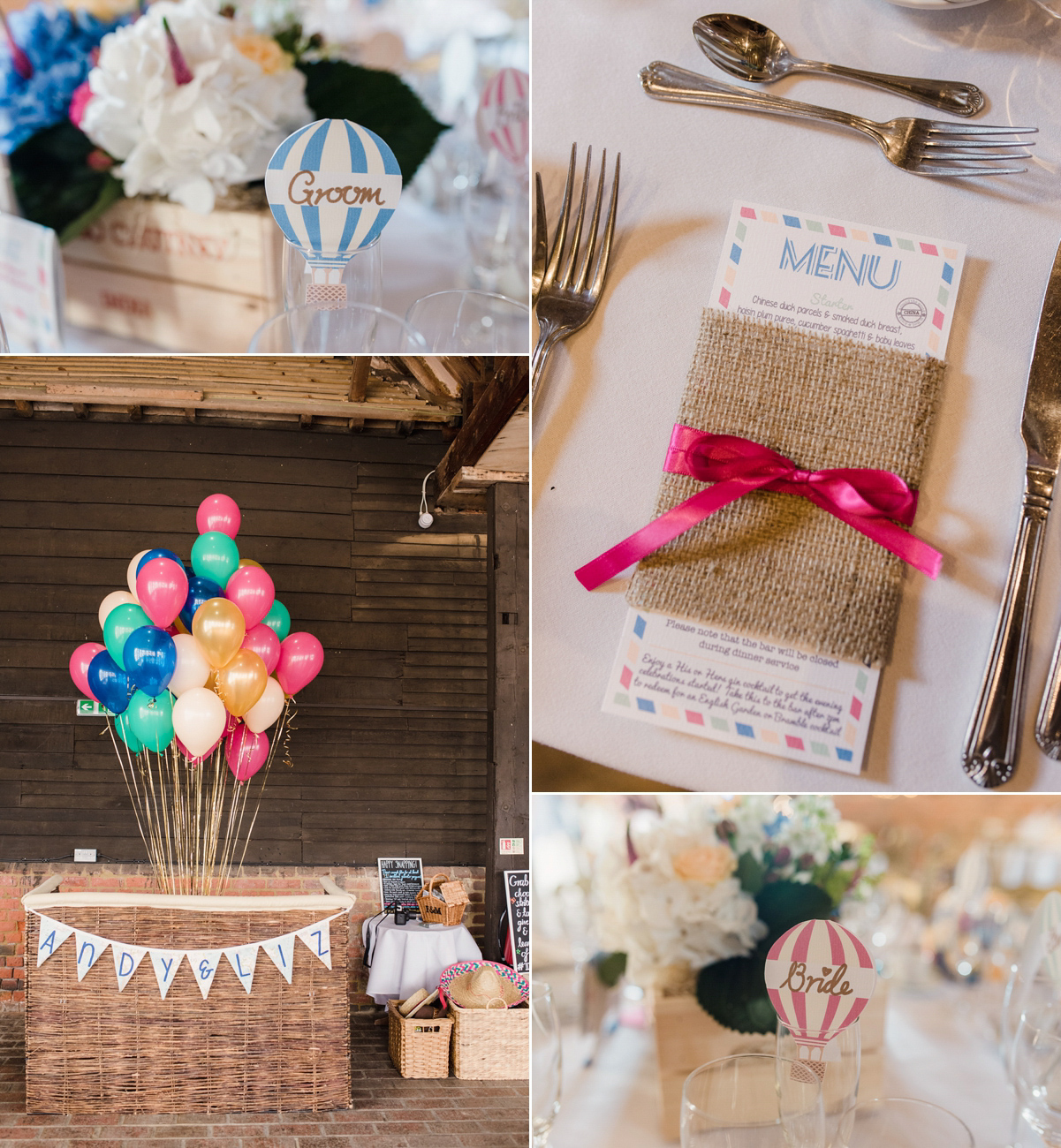 Liz wore a Vivienne Westwood dress for her hot air balloon and travel inspired wedding ('Around the World in 80 Days', Phileas Fogg style). A Lillibrooke Hall summer barn wedding, photographed by Faye Cornhill.