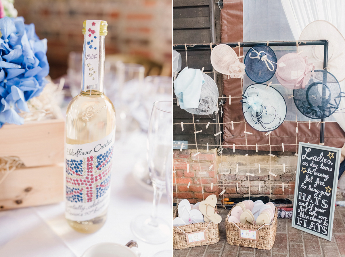 Liz wore a Vivienne Westwood dress for her hot air balloon and travel inspired wedding ('Around the World in 80 Days', Phileas Fogg style). A Lillibrooke Hall summer barn wedding, photographed by Faye Cornhill.