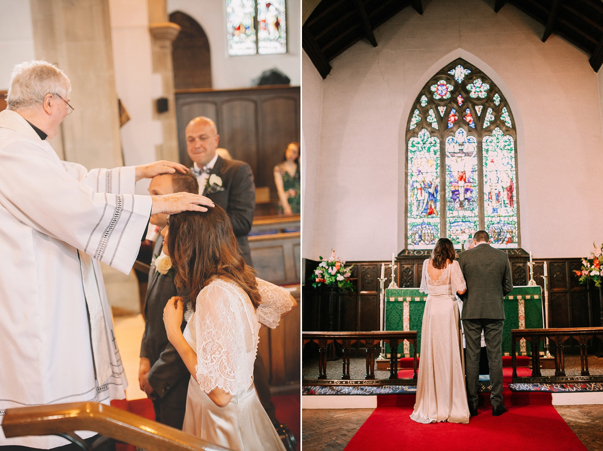 Bride Joanna wore an elegant Kate Beaumont gown for her modern, industrial chic style, minimalist and fuss-free wedding. Photography by Rosie Hardy.