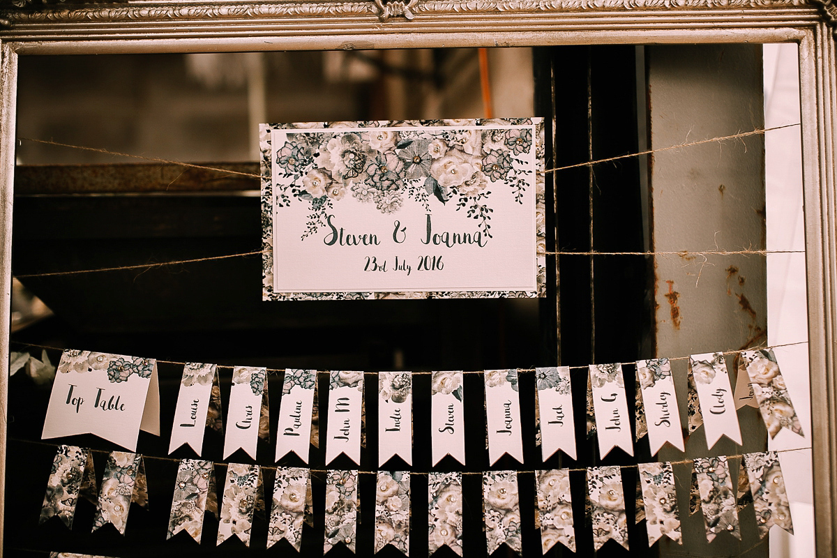 Bride Joanna wore an elegant Kate Beaumont gown for her modern, industrial chic style, minimalist and fuss-free wedding. Photography by Rosie Hardy.